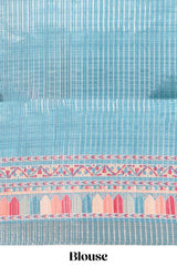 Blue floral design printed saree and self geometric design border and striped blouse
