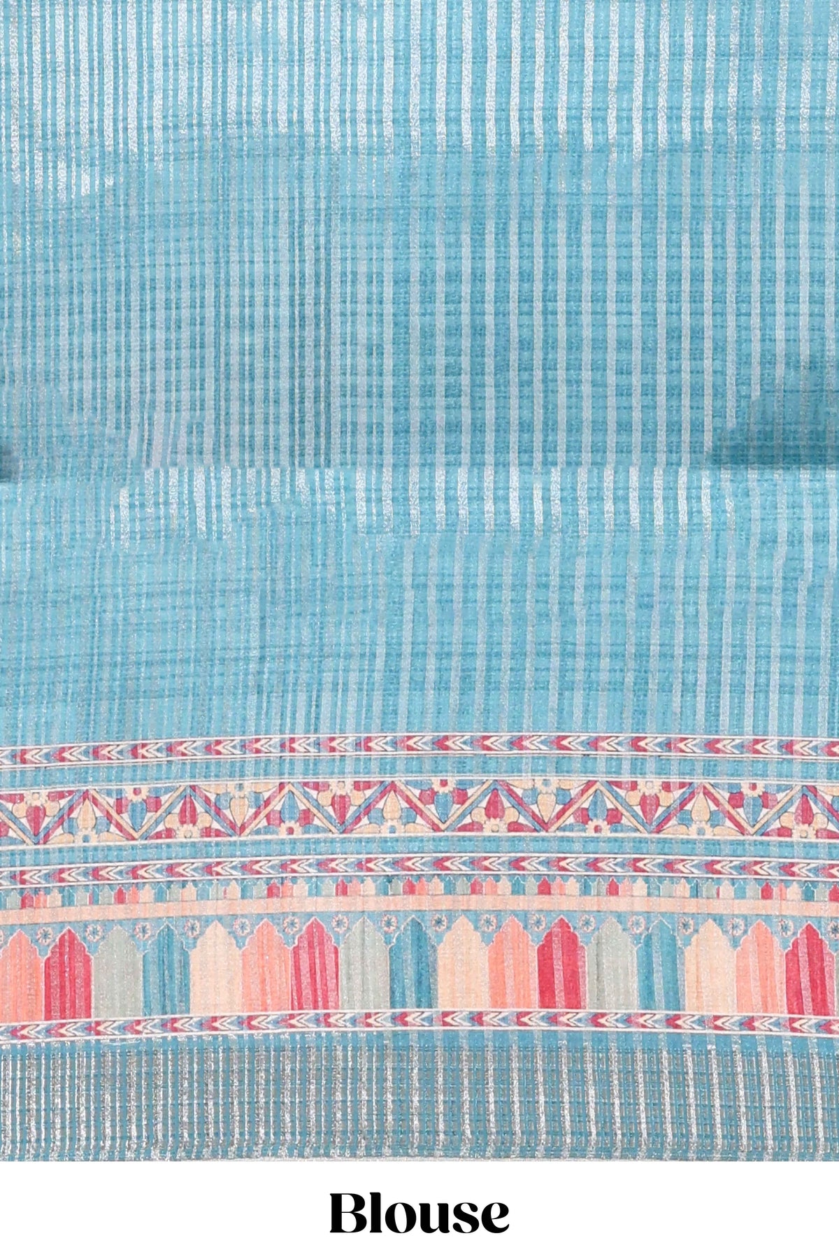 Blue floral design printed saree and self geometric design border and striped blouse