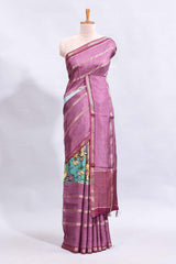 Multi color kalamkari style printed saree with traditional art design with contrast zari border and motifs blouse