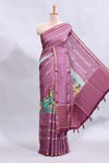 Multi color kalamkari style printed saree with traditional art design with contrast zari border and motifs blouse