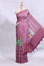 Multi color kalamkari style printed saree with traditional art design with contrast zari border and motifs blouse