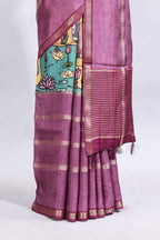Multi color kalamkari style printed saree with traditional art design with contrast zari border and motifs blouse
