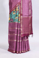 Multi color kalamkari style printed saree with traditional art design with contrast zari border and motifs blouse