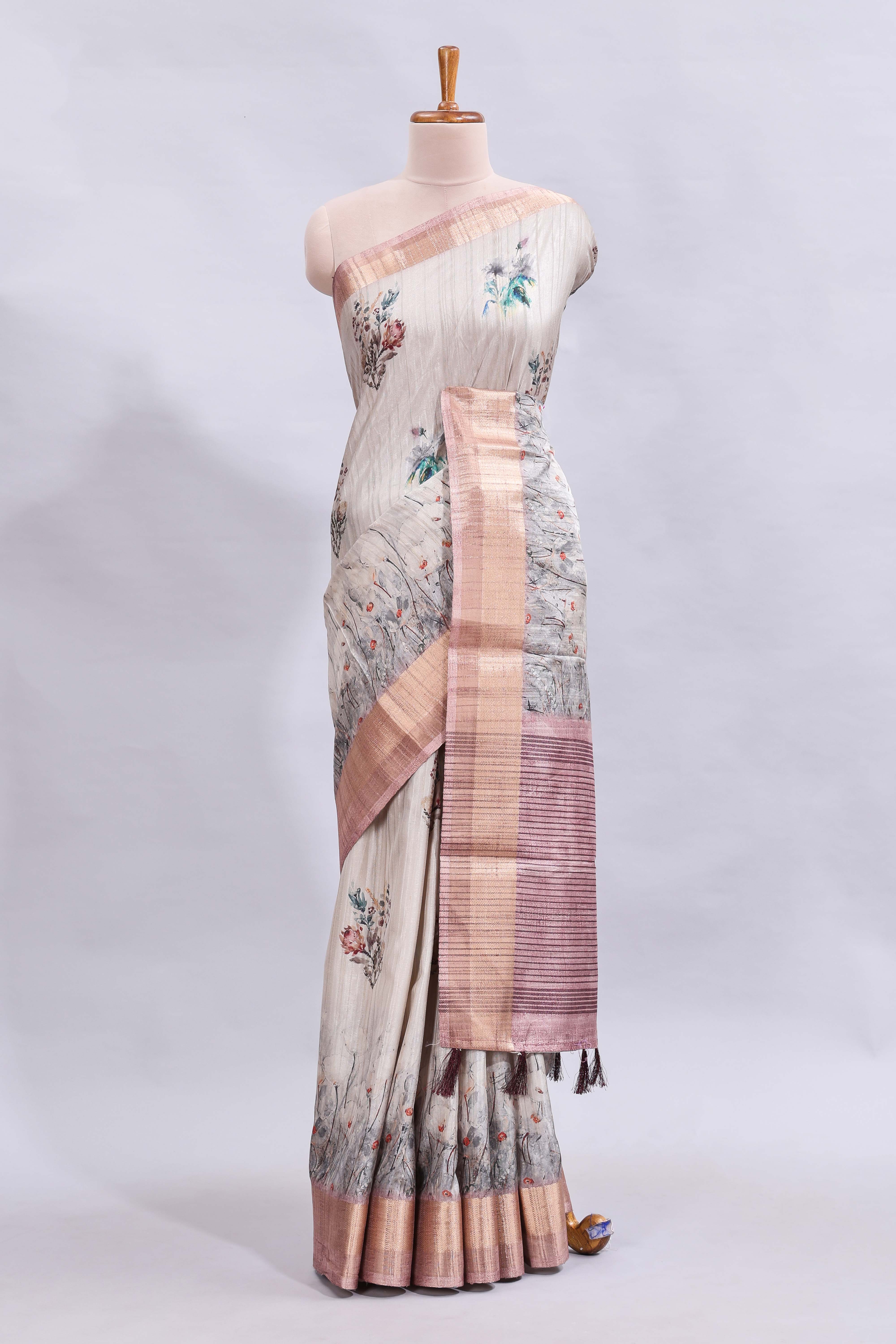 Grey floral design motifs printed saree with contrast zari border and matching blouse