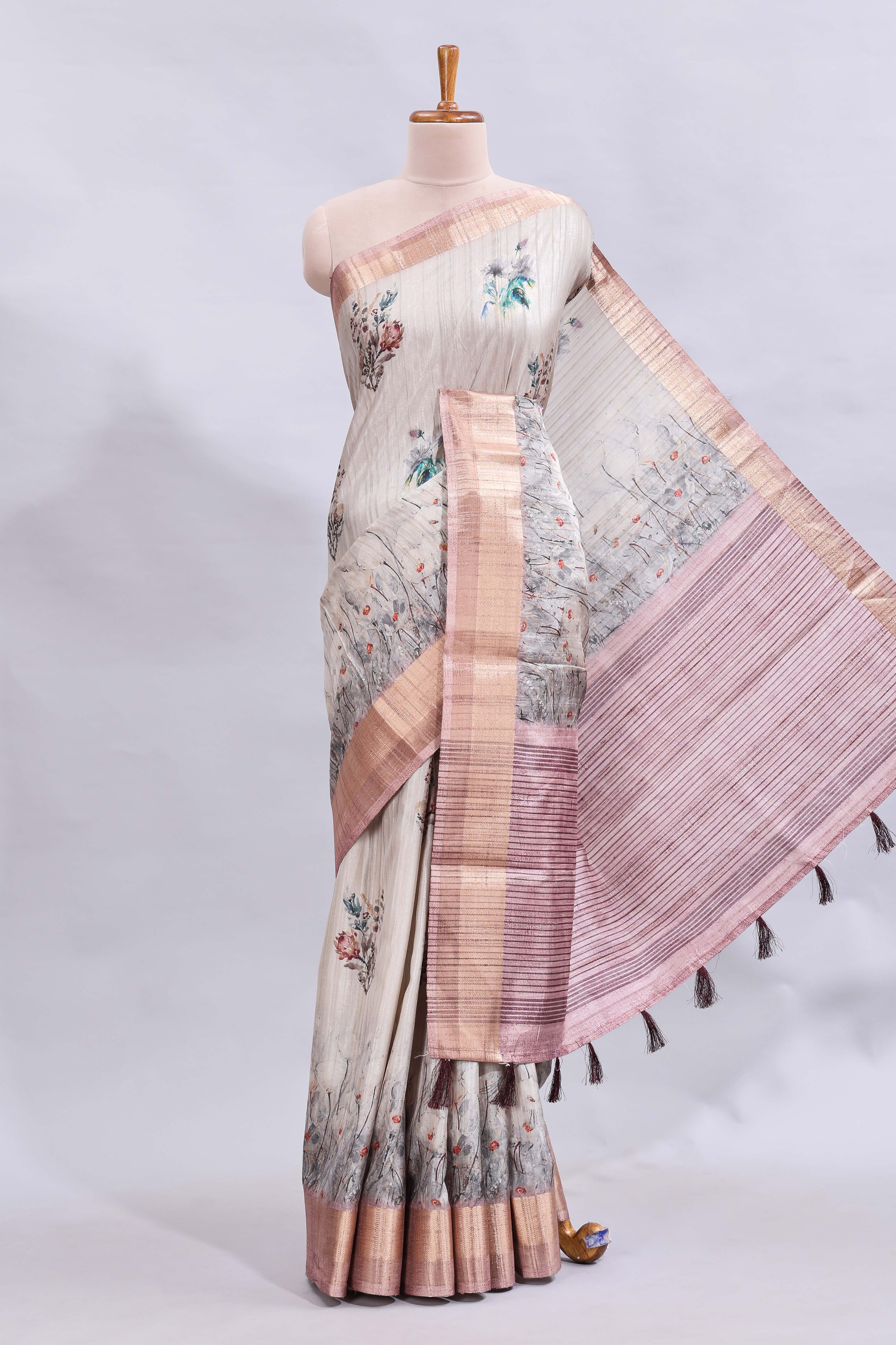 Grey floral design motifs printed saree with contrast zari border and matching blouse
