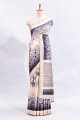 Grey abstract geometric motifs printed saree with contrast border and printed blouse