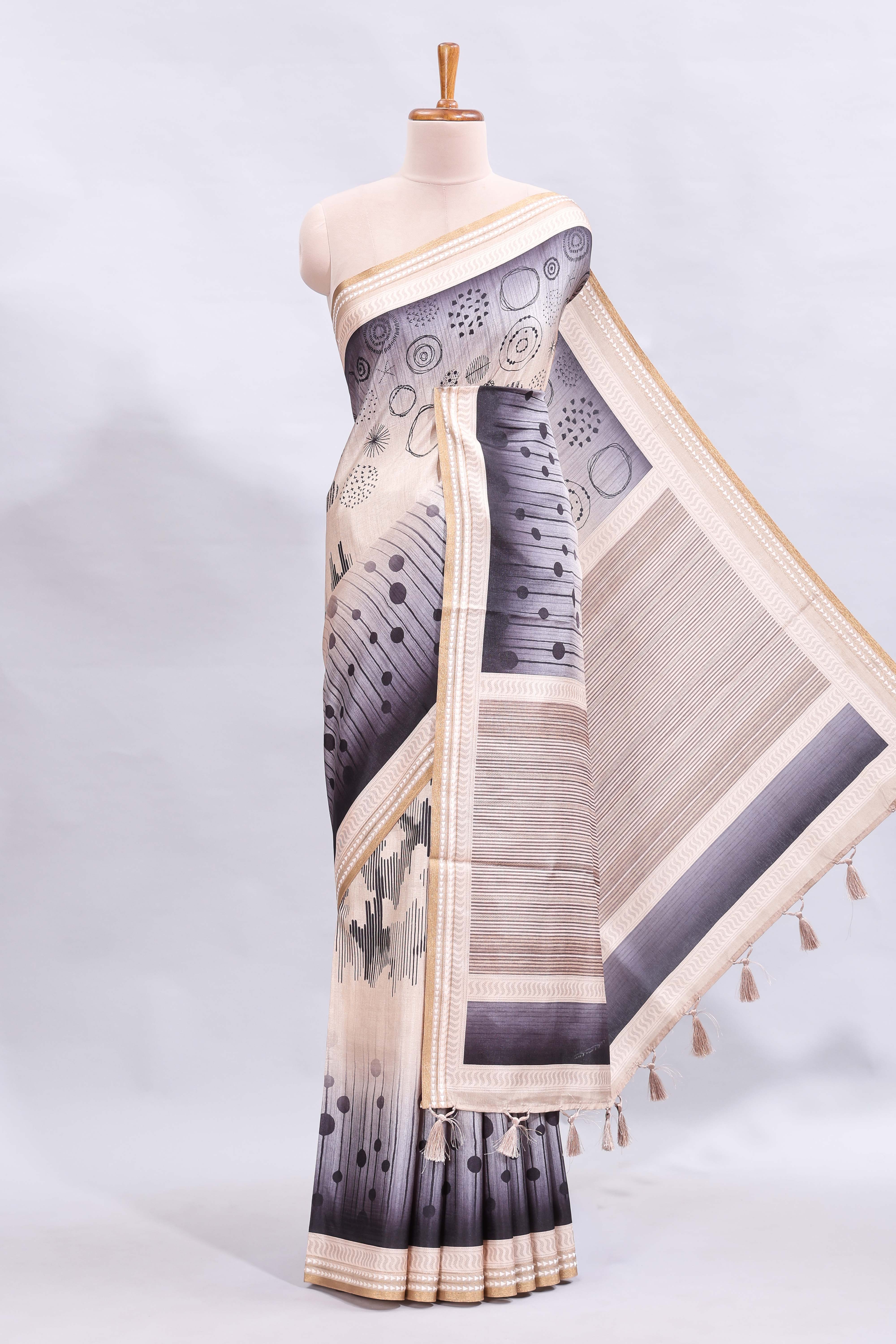 Grey abstract geometric motifs printed saree with contrast border and printed blouse
