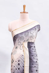 Grey abstract geometric motifs printed saree with contrast border and printed blouse
