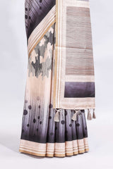 Grey abstract geometric motifs printed saree with contrast border and printed blouse
