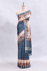 Blue striped floral design printed saree with cultural art motifs and designer tassel pallu
