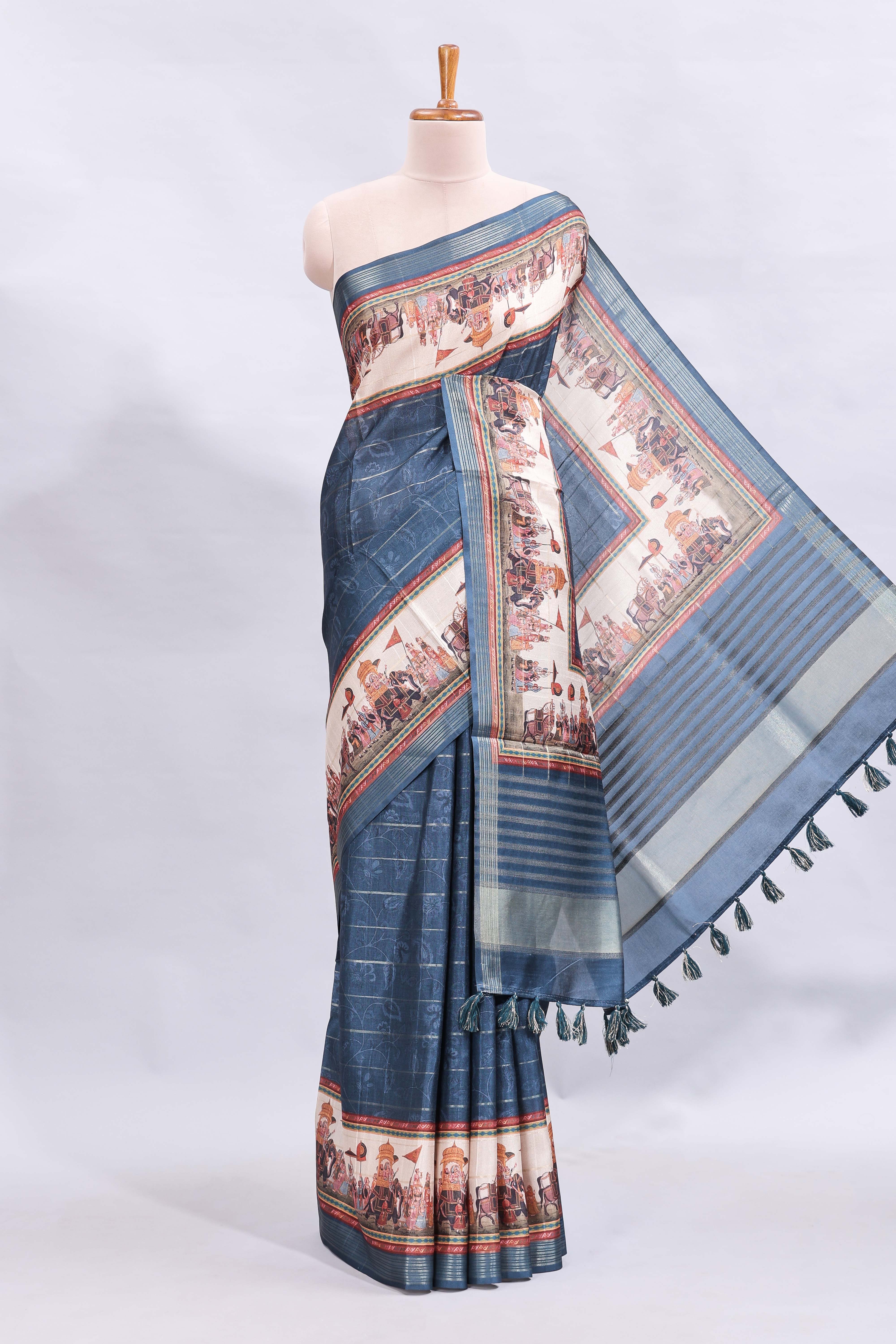 Blue striped floral design printed saree with cultural art motifs and designer tassel pallu