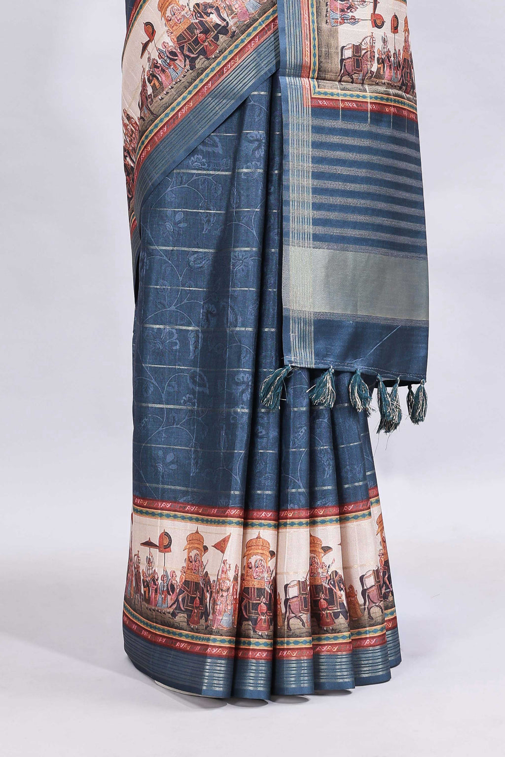 Blue striped floral design printed saree with cultural art motifs and designer tassel pallu