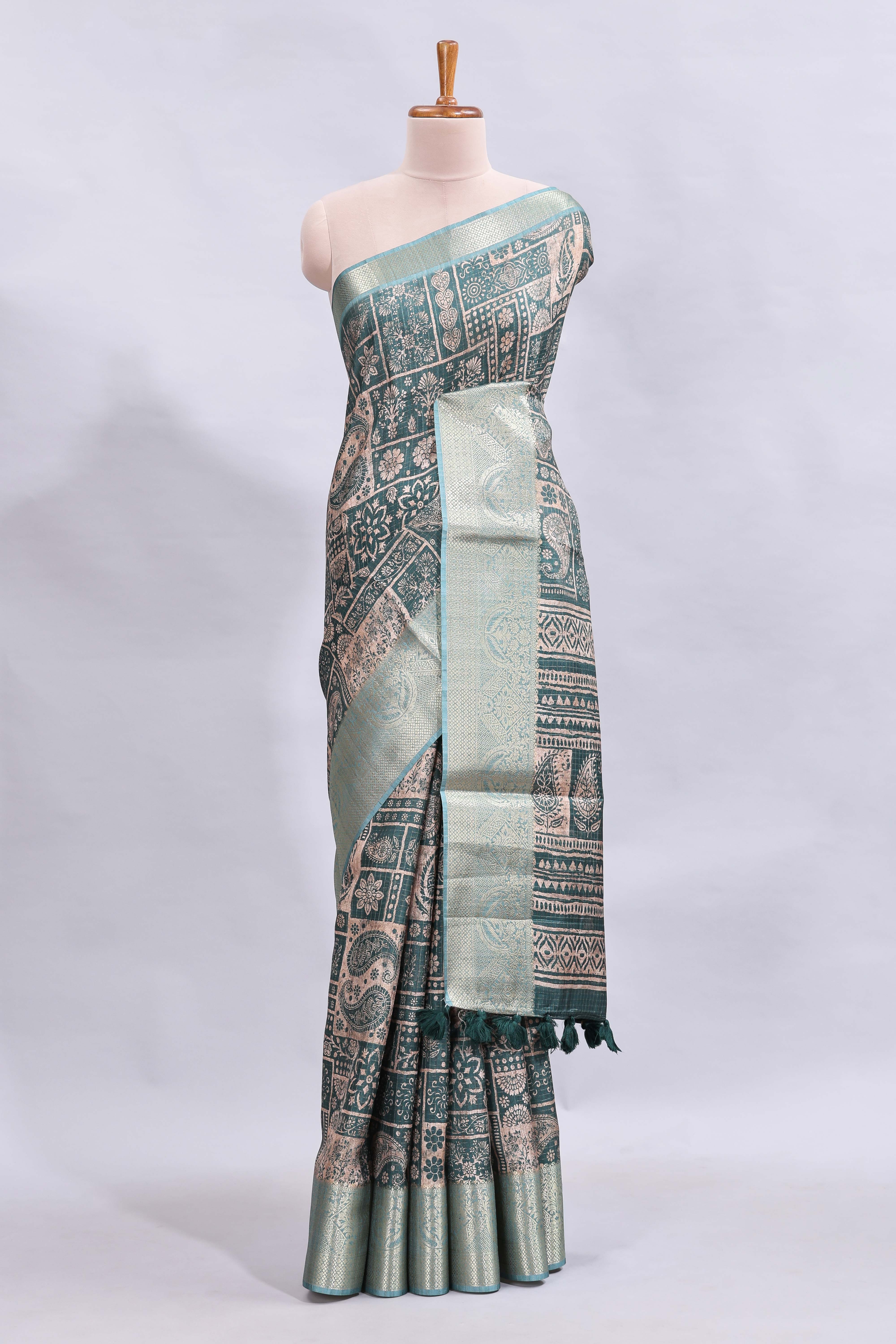 Beige floral design printed saree with contrast zari border and matching motifs blouse