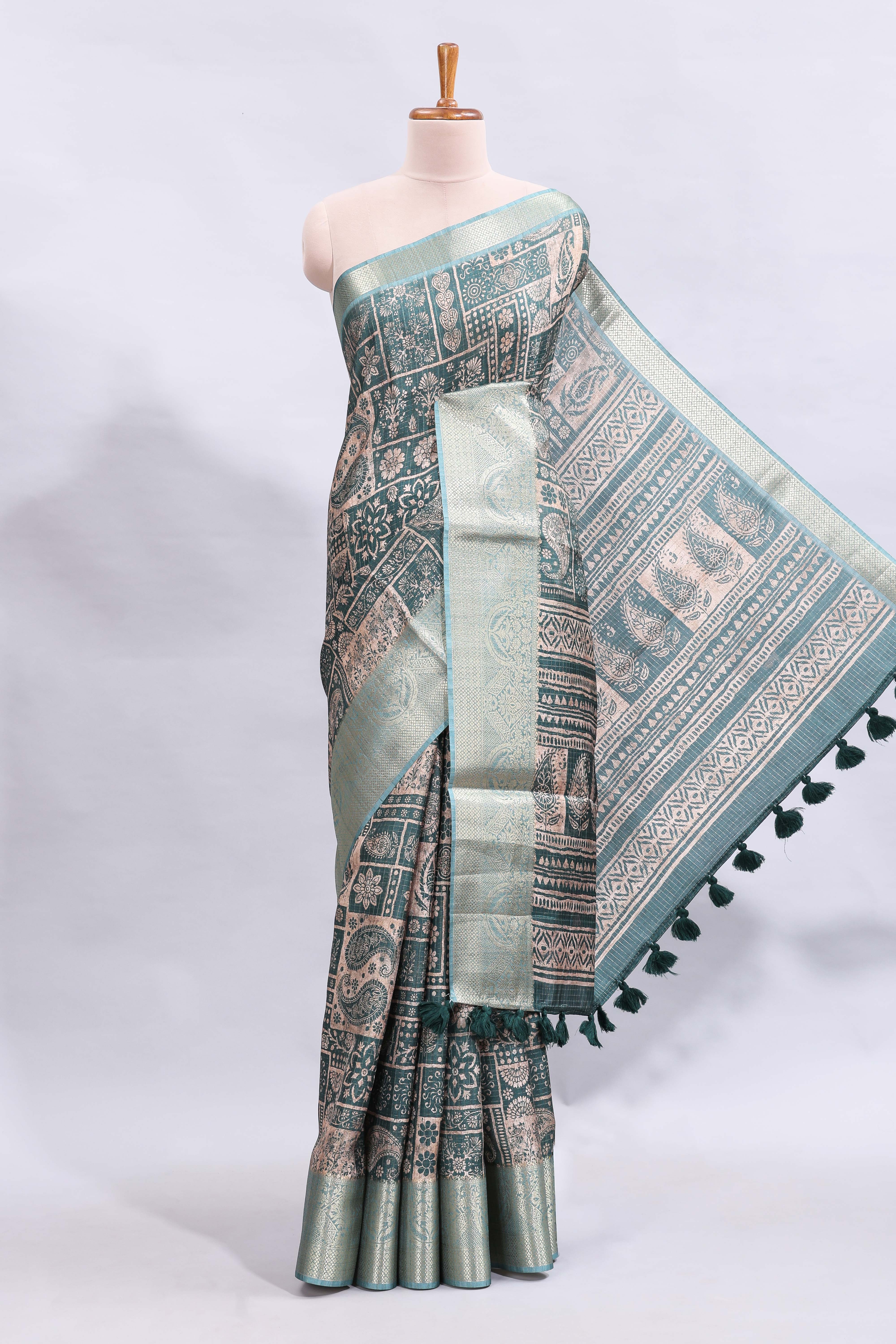 Beige floral design printed saree with contrast zari border and matching motifs blouse