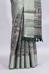 Beige floral design printed saree with contrast zari border and matching motifs blouse