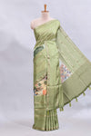 Multi color kalamkari style printed saree with traditional art design with contrast zari border and motifs blouse