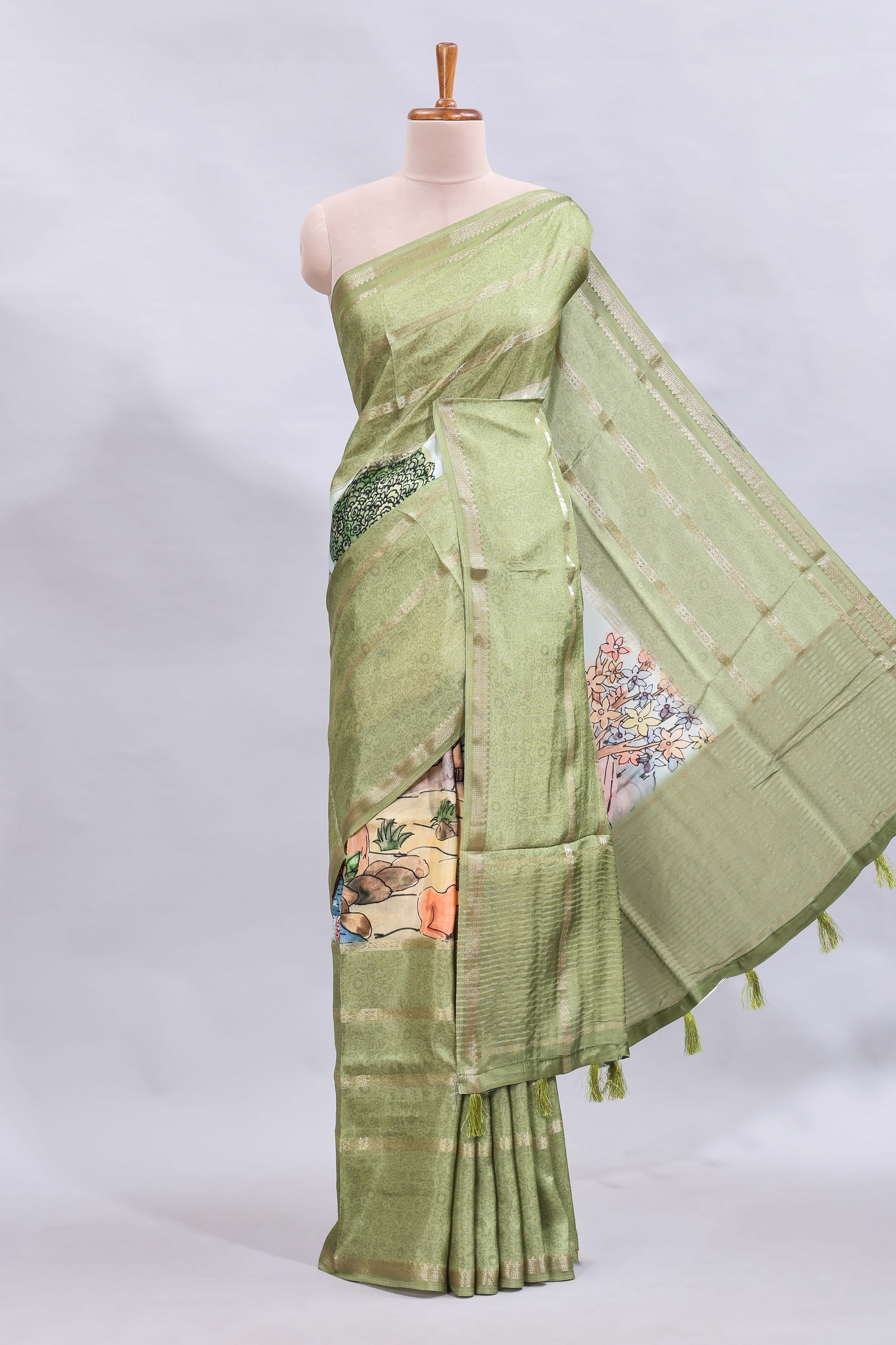 Multi color kalamkari style printed saree with traditional art design with contrast zari border and motifs blouse