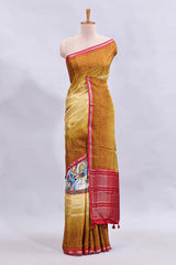 Multi color kalamkari style printed saree with traditional art design with contrast zari border and motifs blouse