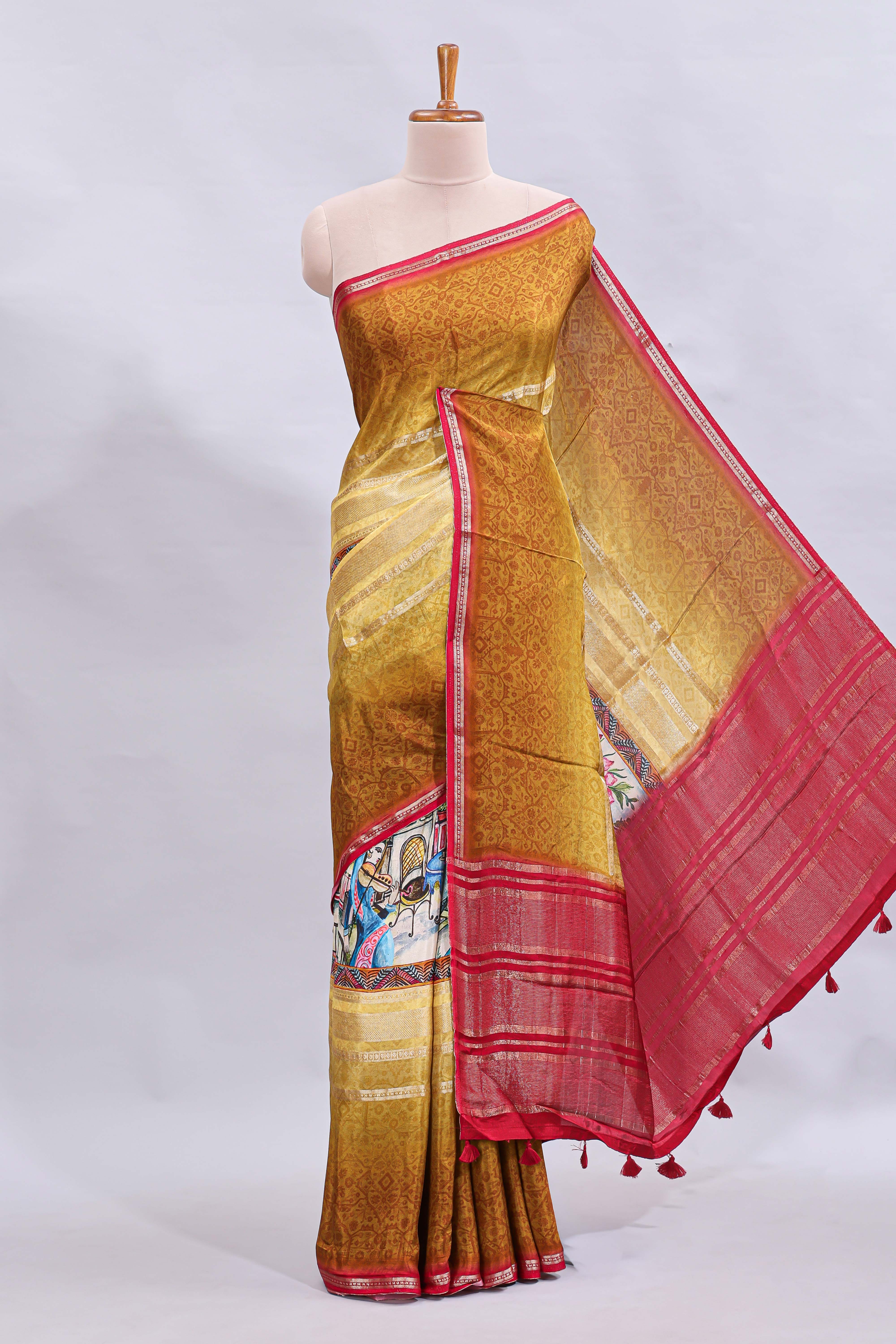 Multi color kalamkari style printed saree with traditional art design with contrast zari border and motifs blouse