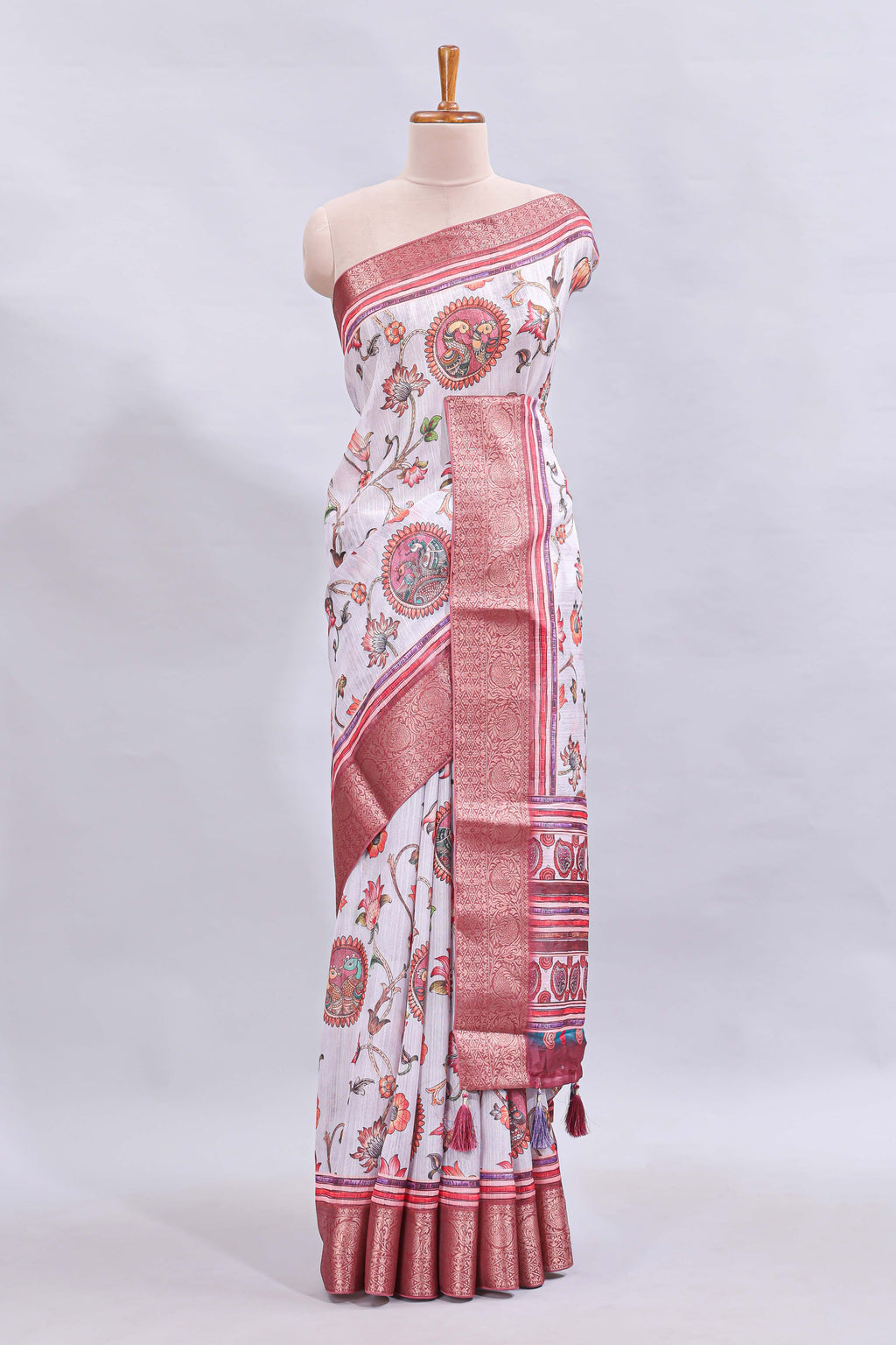 White floral & birds design printed saree with contrast zari border and matching blouse