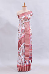 White floral & birds design printed saree with contrast zari border and matching blouse