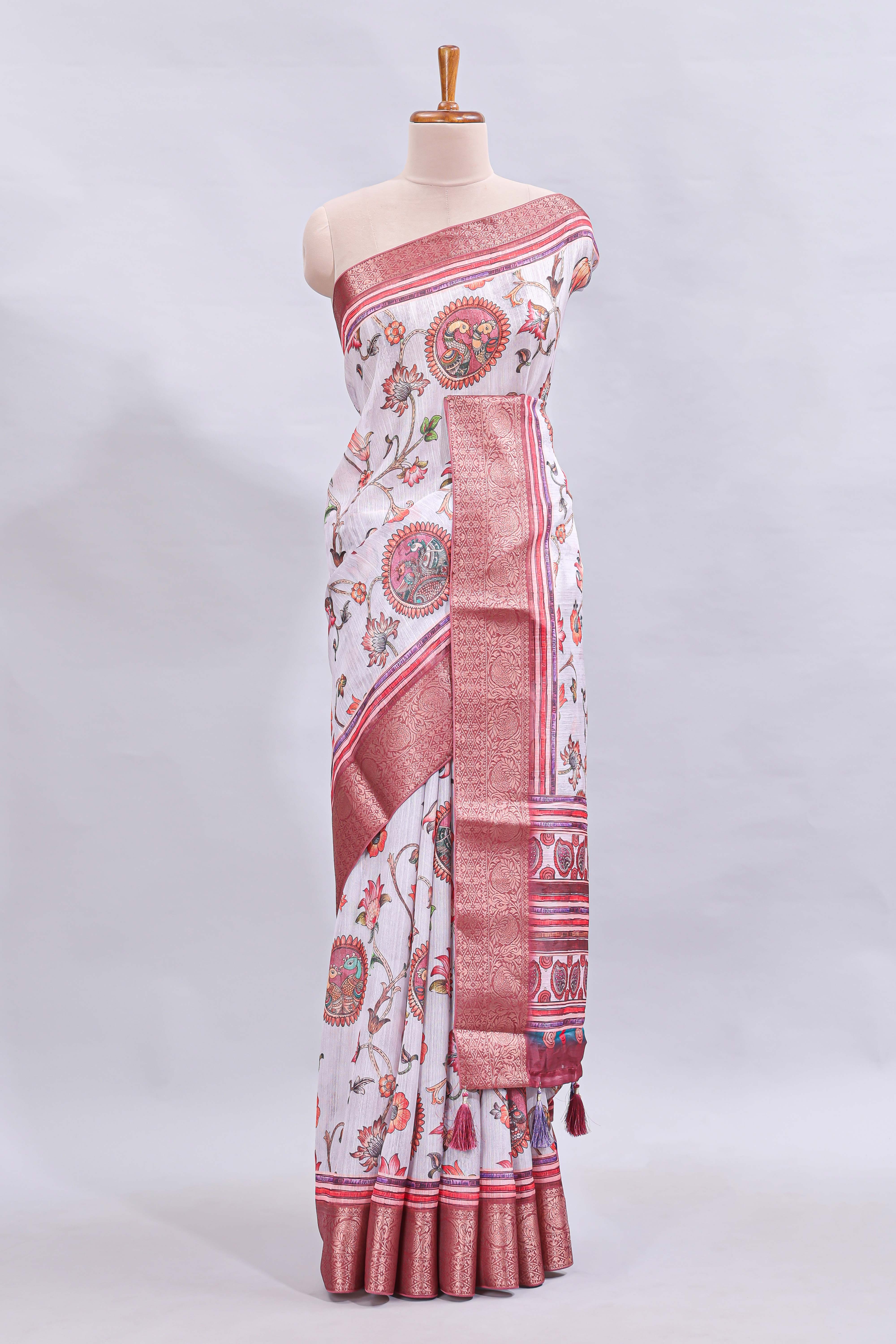 White floral & birds design printed saree with contrast zari border and matching blouse