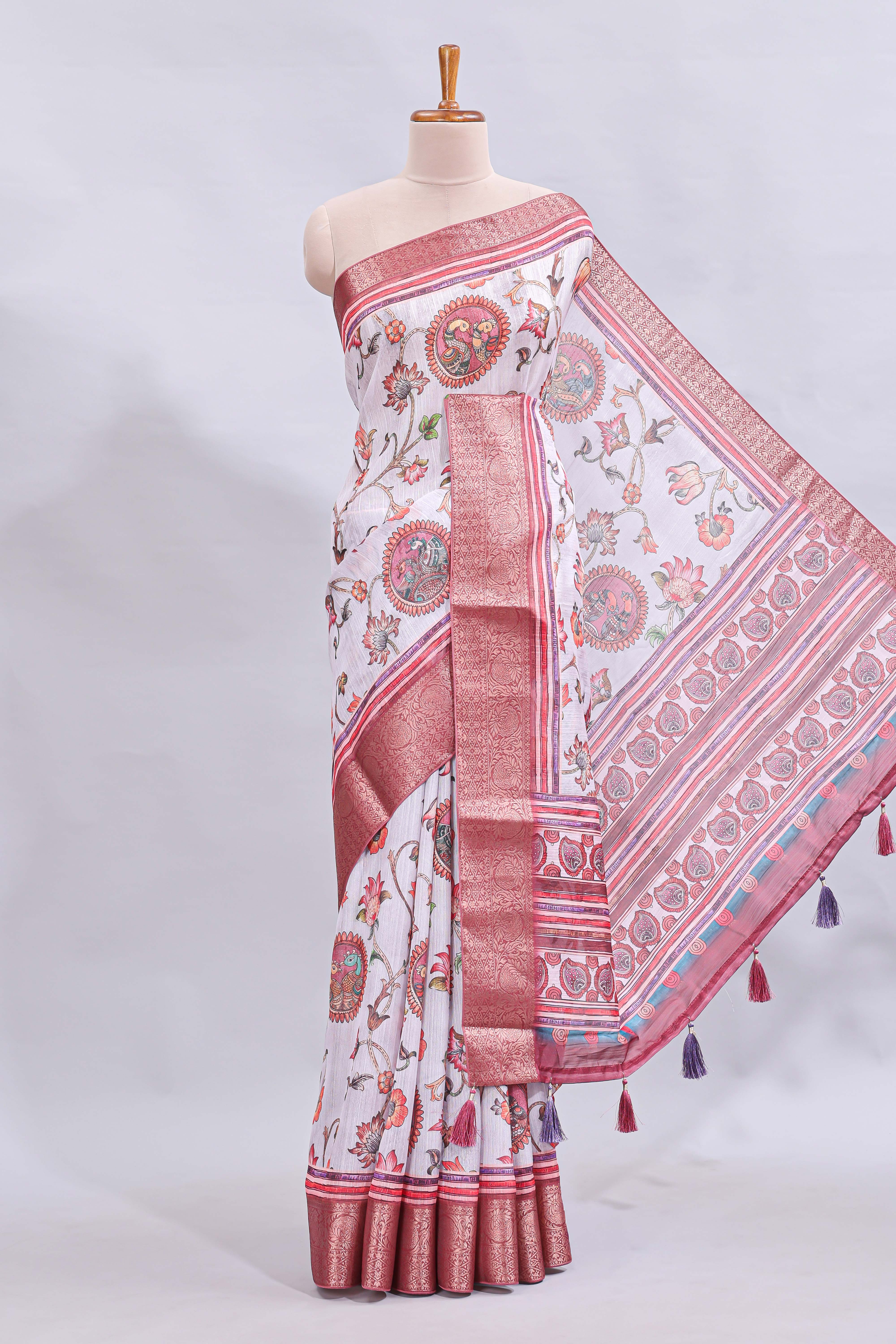 White floral & birds design printed saree with contrast zari border and matching blouse