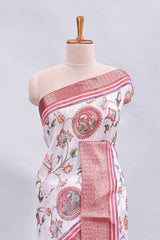 White floral & birds design printed saree with contrast zari border and matching blouse