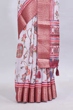 White floral & birds design printed saree with contrast zari border and matching blouse