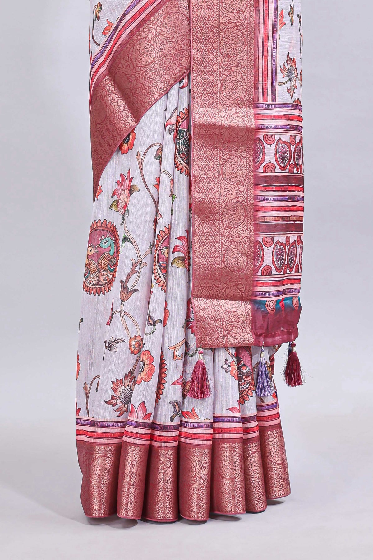 White floral & birds design printed saree with contrast zari border and matching blouse