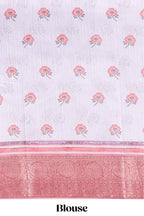 White floral & birds design printed saree with contrast zari border and matching blouse