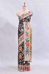 Black kalamkari style floral design printed saree with contrast border and blouse