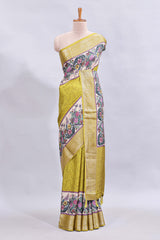 Green checked & bottom floral design printed saree with self border and matching blouse
