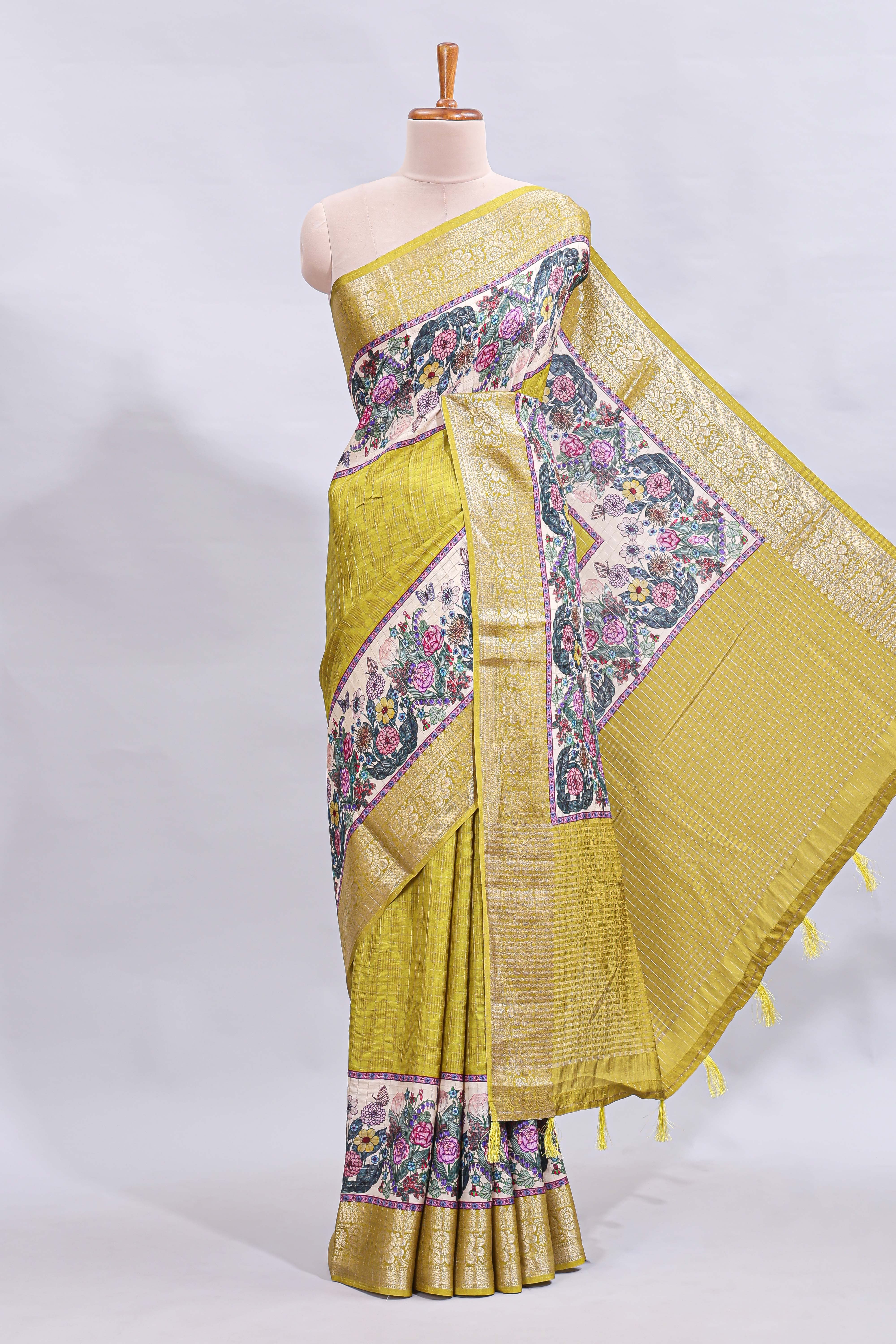 Green checked & bottom floral design printed saree with self border and matching blouse
