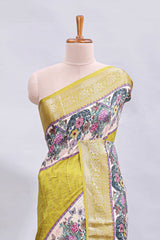 Green checked & bottom floral design printed saree with self border and matching blouse