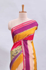 Multi color kalamkari style printed saree with contrast zari border and motifs blouse