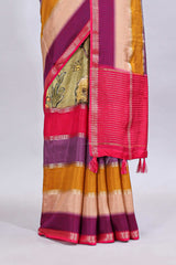Multi color kalamkari style printed saree with contrast zari border and motifs blouse