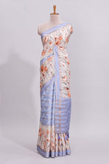 Lavender geometric zari striped bottom floral design self border and matching blouse