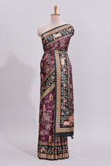 Purple trational design motifs printed saree with contrast border and plain blouse