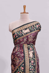 Purple trational design motifs printed saree with contrast border and plain blouse