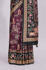 Purple trational design motifs printed saree with contrast border and plain blouse