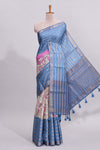 Beige trational kalamkari style printed saree with contrast border and printed blouse