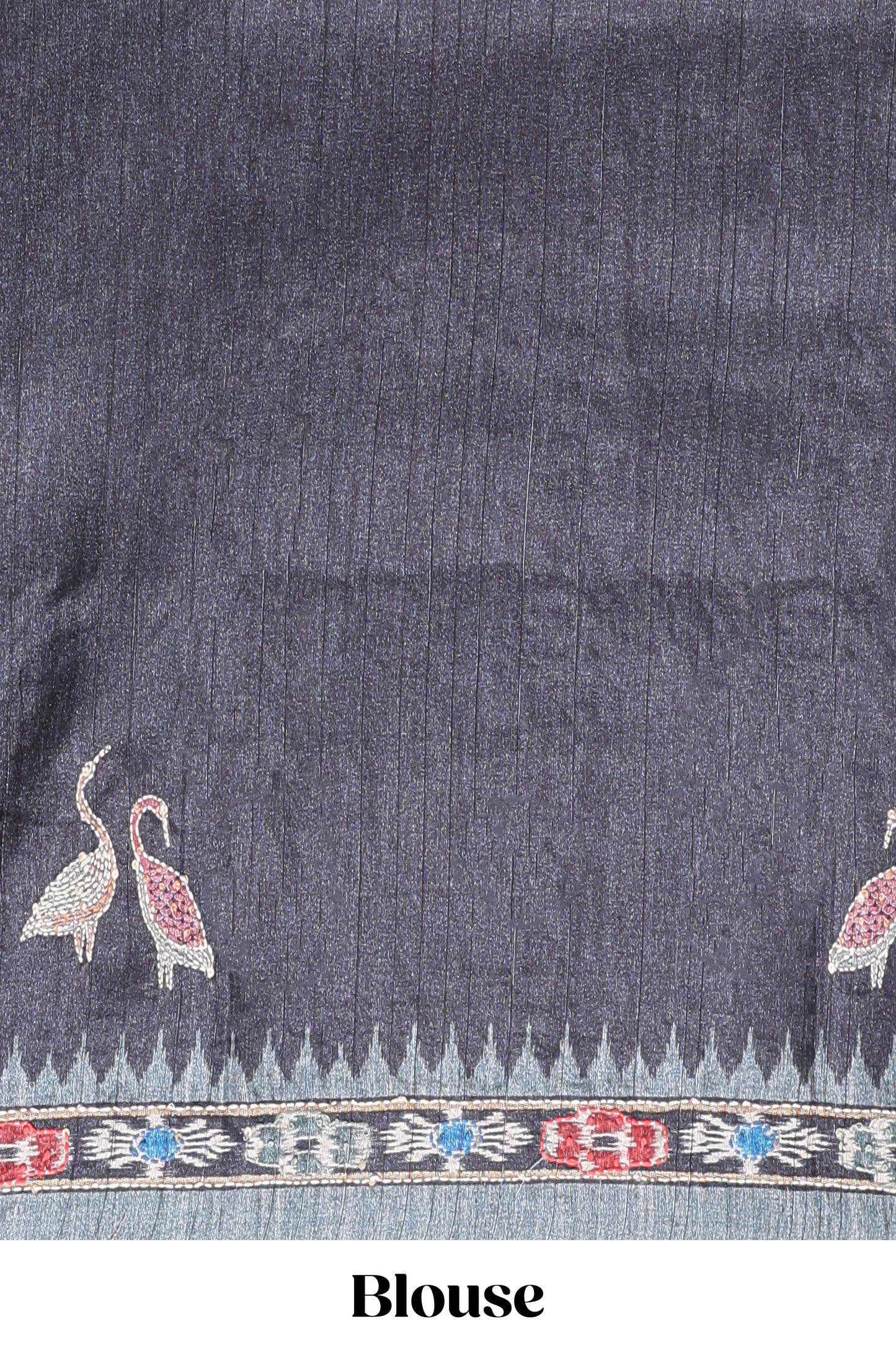 Grey ikkat style floral motifs tussar saree with contrast border and crane bird motif blouse