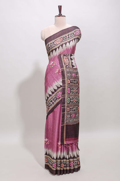 Pink ikkat style floral motifs tussar saree with contrast border and crane bird motif blouse