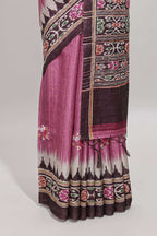 Pink ikkat style floral motifs tussar saree with contrast border and crane bird motif blouse