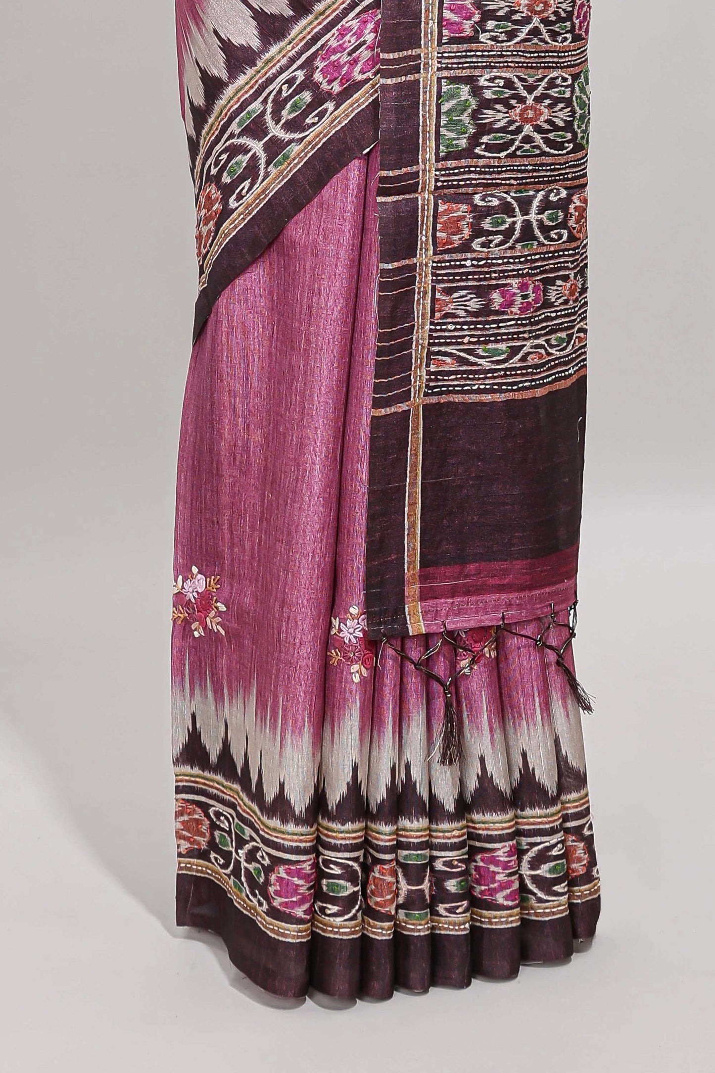 Pink ikkat style floral motifs tussar saree with contrast border and crane bird motif blouse
