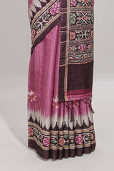 Pink ikkat style floral motifs tussar saree with contrast border and crane bird motif blouse