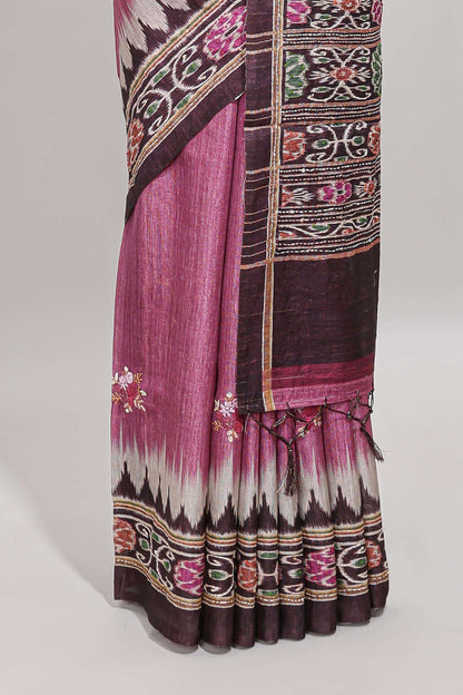Pink ikkat style floral motifs tussar saree with contrast border and crane bird motif blouse