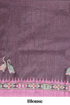 Pink ikkat style floral motifs tussar saree with contrast border and crane bird motif blouse