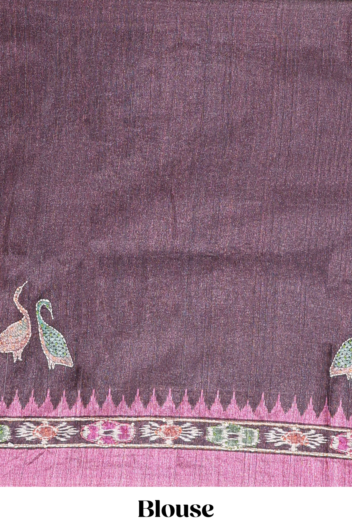 Pink ikkat style floral motifs tussar saree with contrast border and crane bird motif blouse